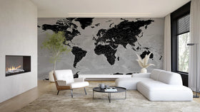 Black World Map Wallpaper: Art Deco Peel and Stick Wall Mural