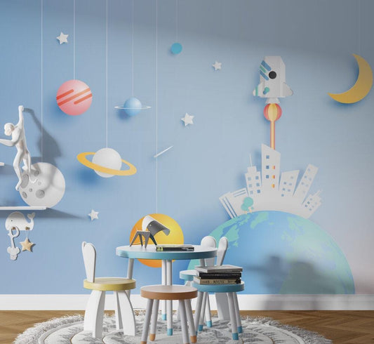 3D Solar System Wallpaper: Planets & Clouds Wall Mural