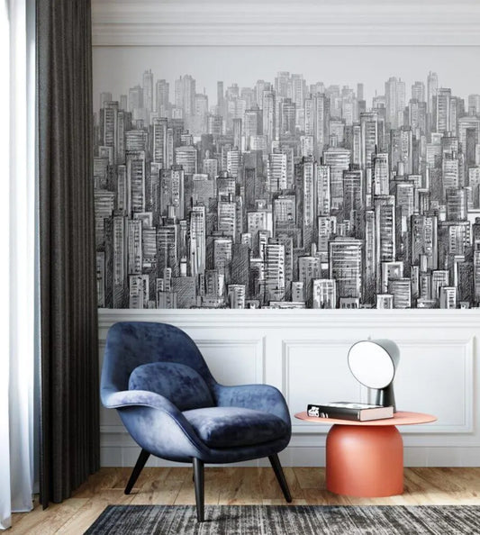 Cityscape Pencil Drawing Wallpaper: Modern Building Wall Mural (Peel and Stick)
