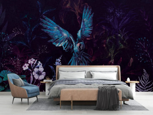 Tropical Parrot Wallpaper: Dark Floral Peel and Stick Wallpaper