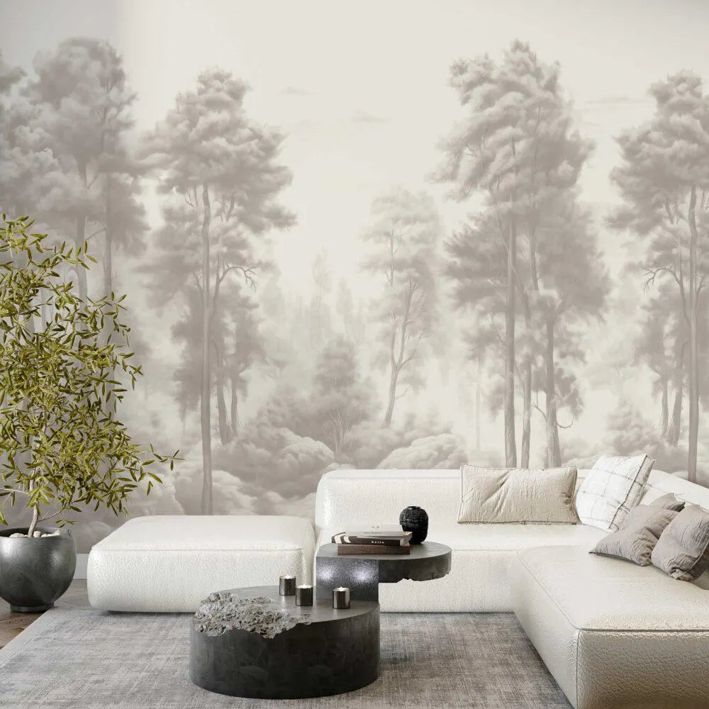 Watercolor Forest Wallpaper: Grey Monochrome Trees, Peel and Stick Mural