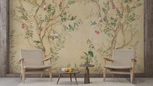 Vintage Gold Chinoiserie Wallpaper: Birds & Botanical Peel and Stick Mural