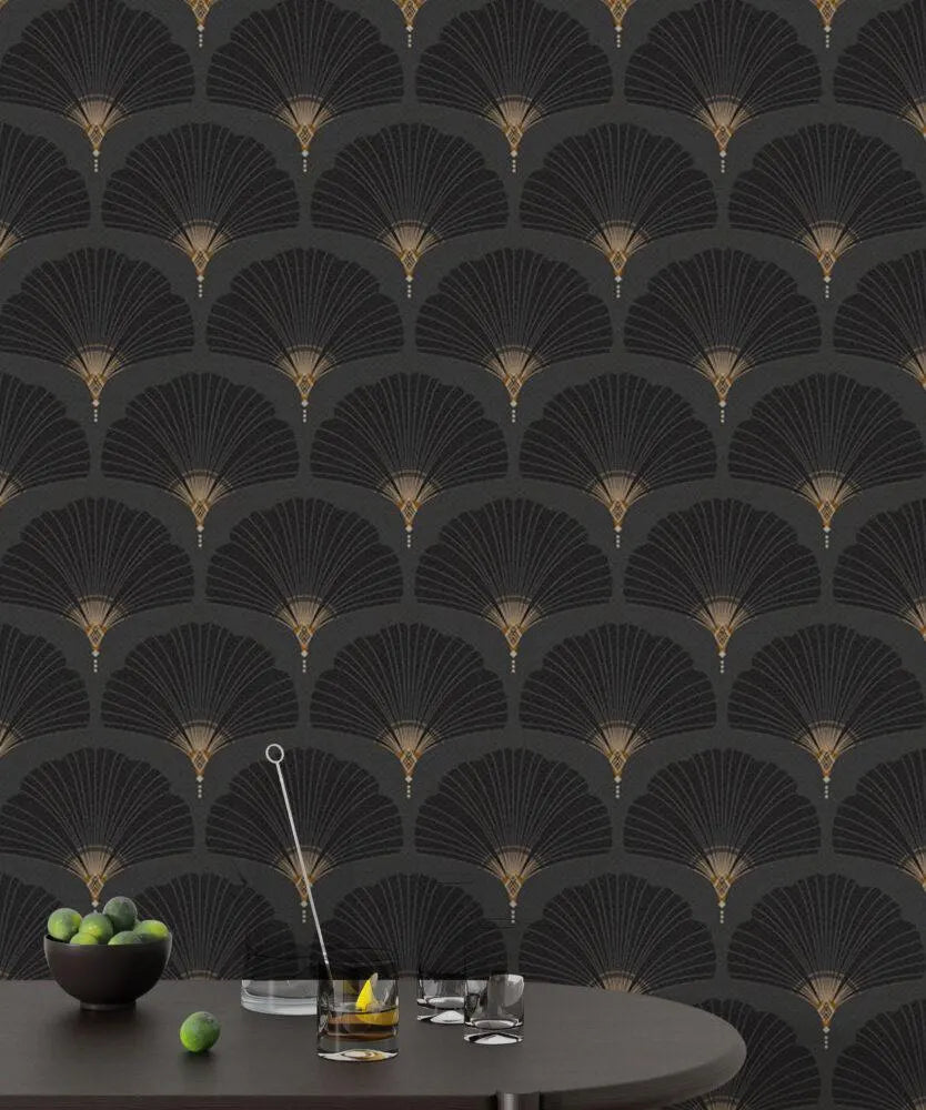 Black Fan Pattern Wallpaper: Retro Removable Wall Decal