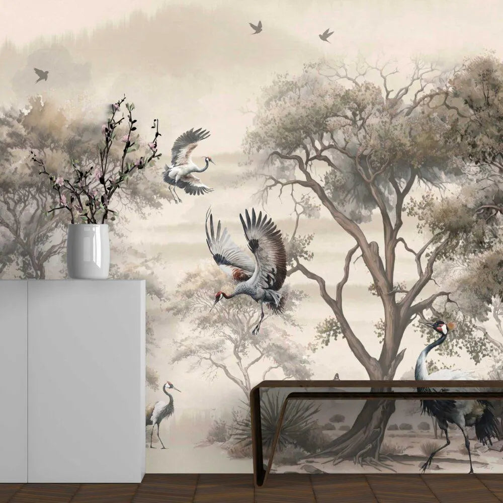 Watercolor Chinoiserie Wallpaper: Tropical Forest, Cranes, Grey Removable Wall Mural