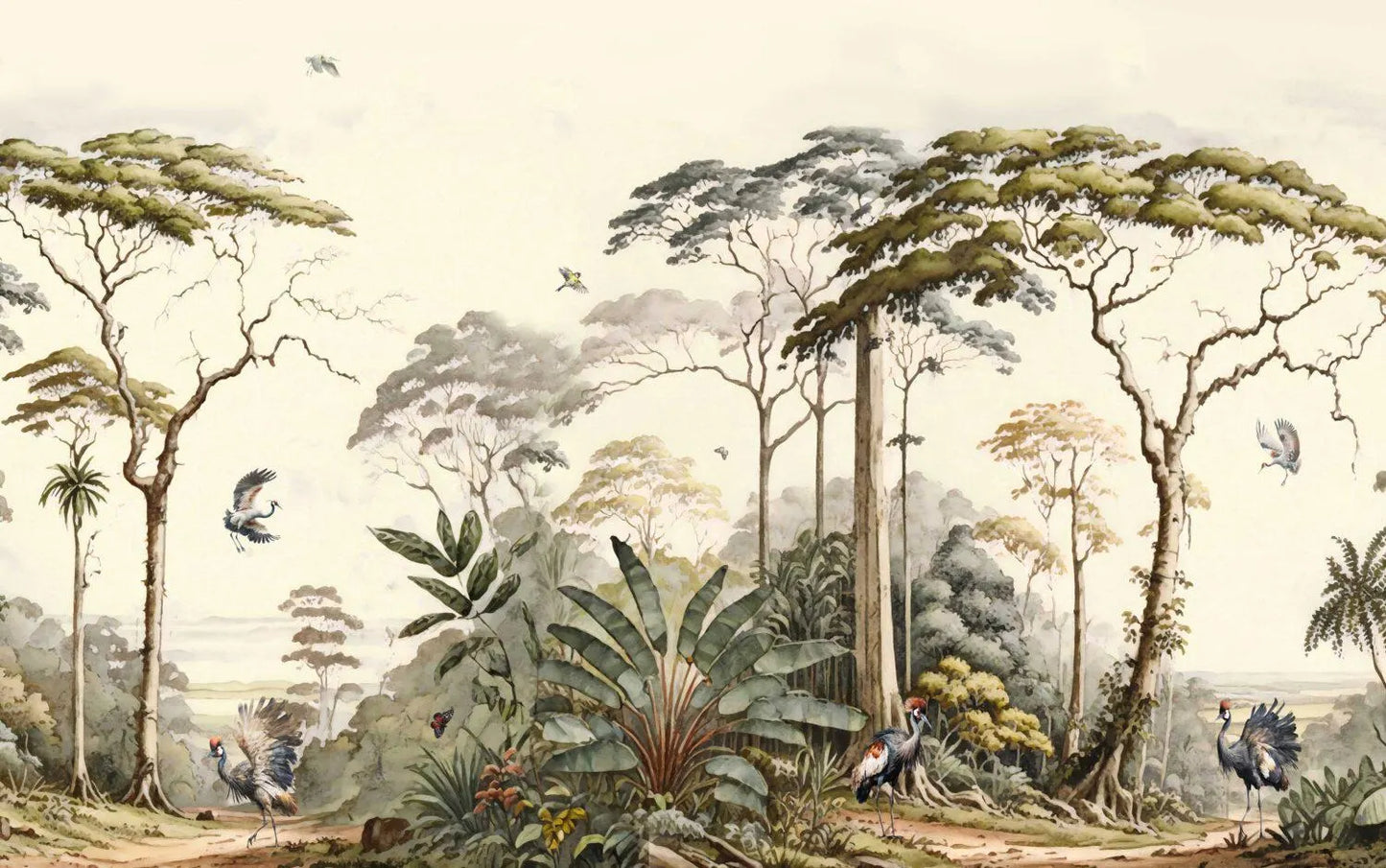 Chinoiserie Crane Birds Wallpaper: Elegant Trees Mural