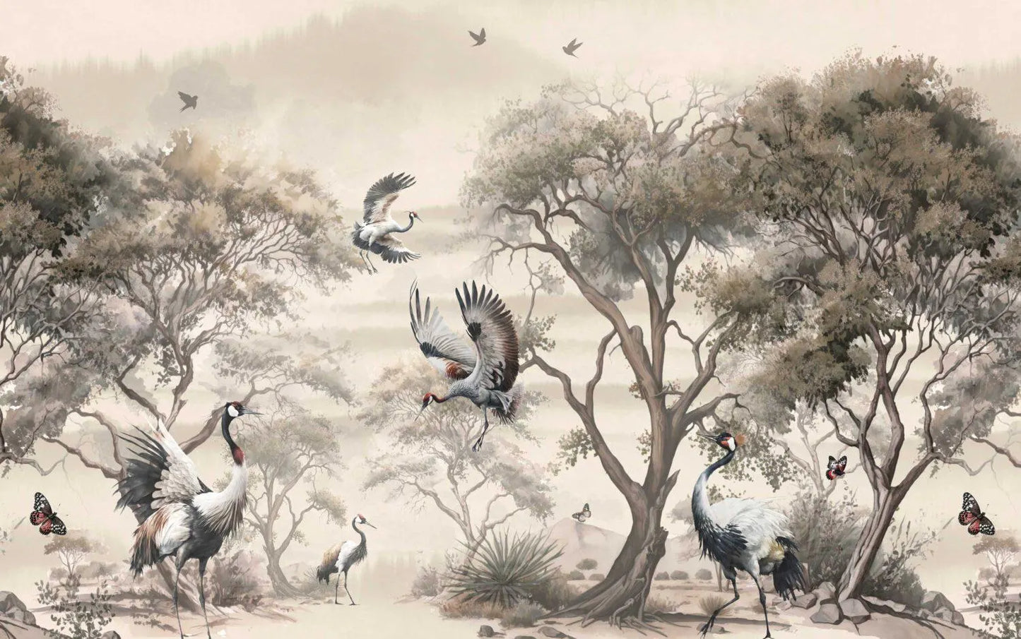 Watercolor Chinoiserie Wallpaper: Tropical Forest, Cranes, Grey Removable Wall Mural