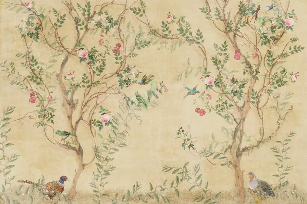 Vintage Gold Chinoiserie Wallpaper: Birds & Botanical Peel and Stick Mural