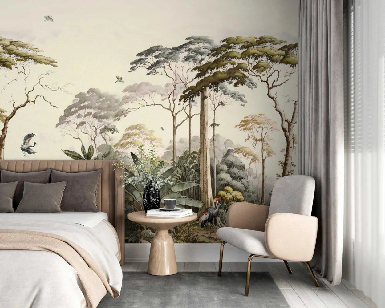 Chinoiserie Crane Birds Wallpaper: Elegant Trees Mural