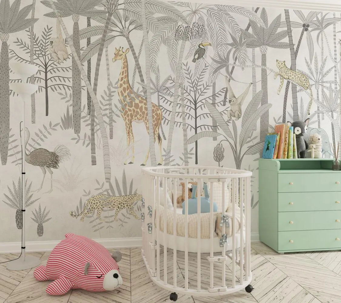 Safari Animals Nursery Wallpaper Mural - Tropical Peel & Stick Wallpaper