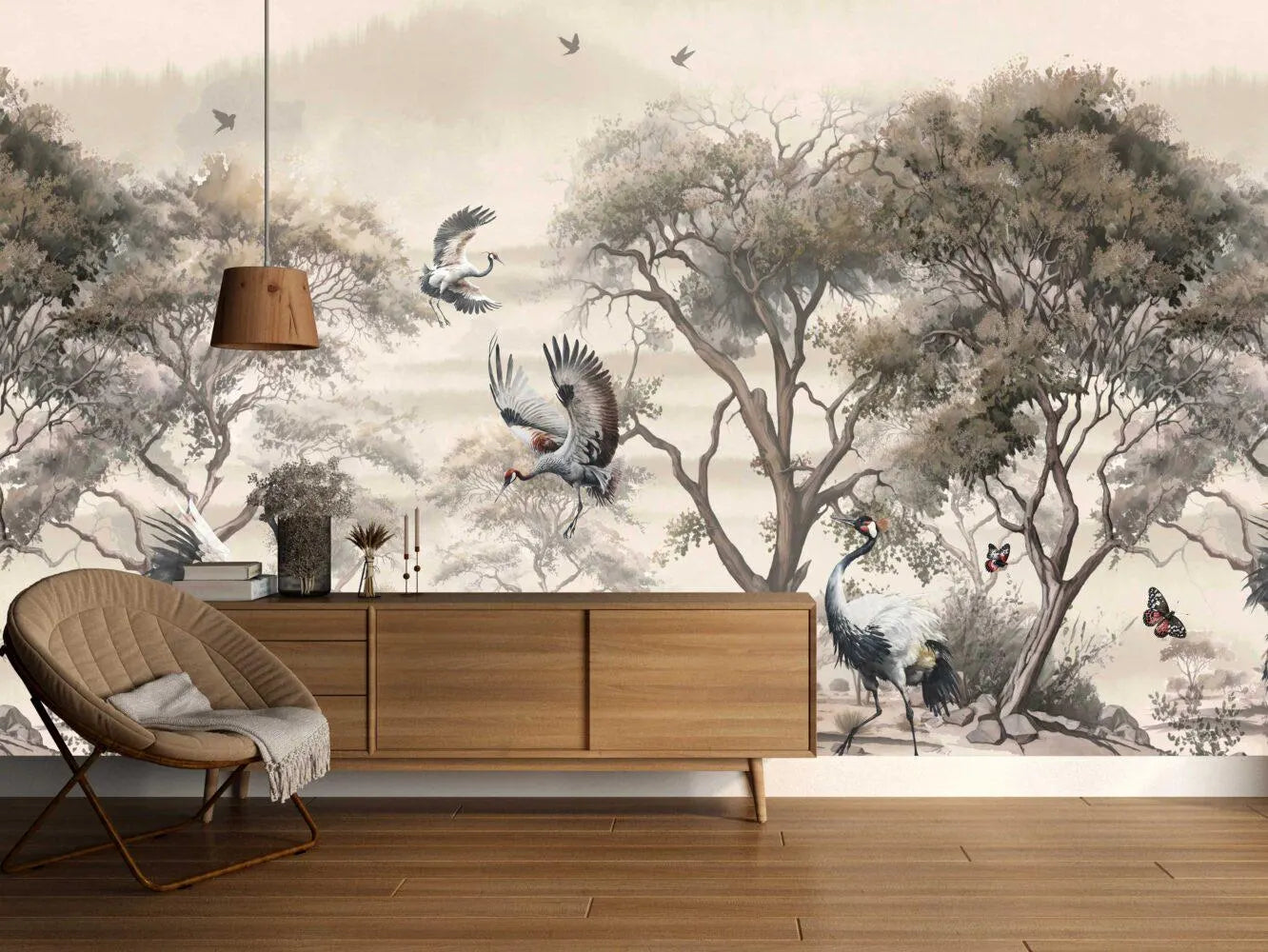 Watercolor Chinoiserie Wallpaper: Tropical Forest, Cranes, Grey Removable Wall Mural