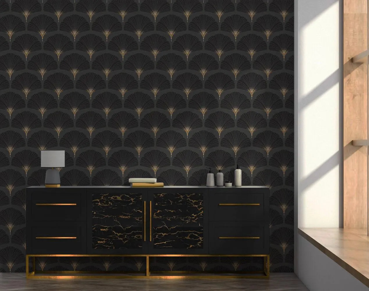 Black Fan Pattern Wallpaper: Retro Removable Wall Decal