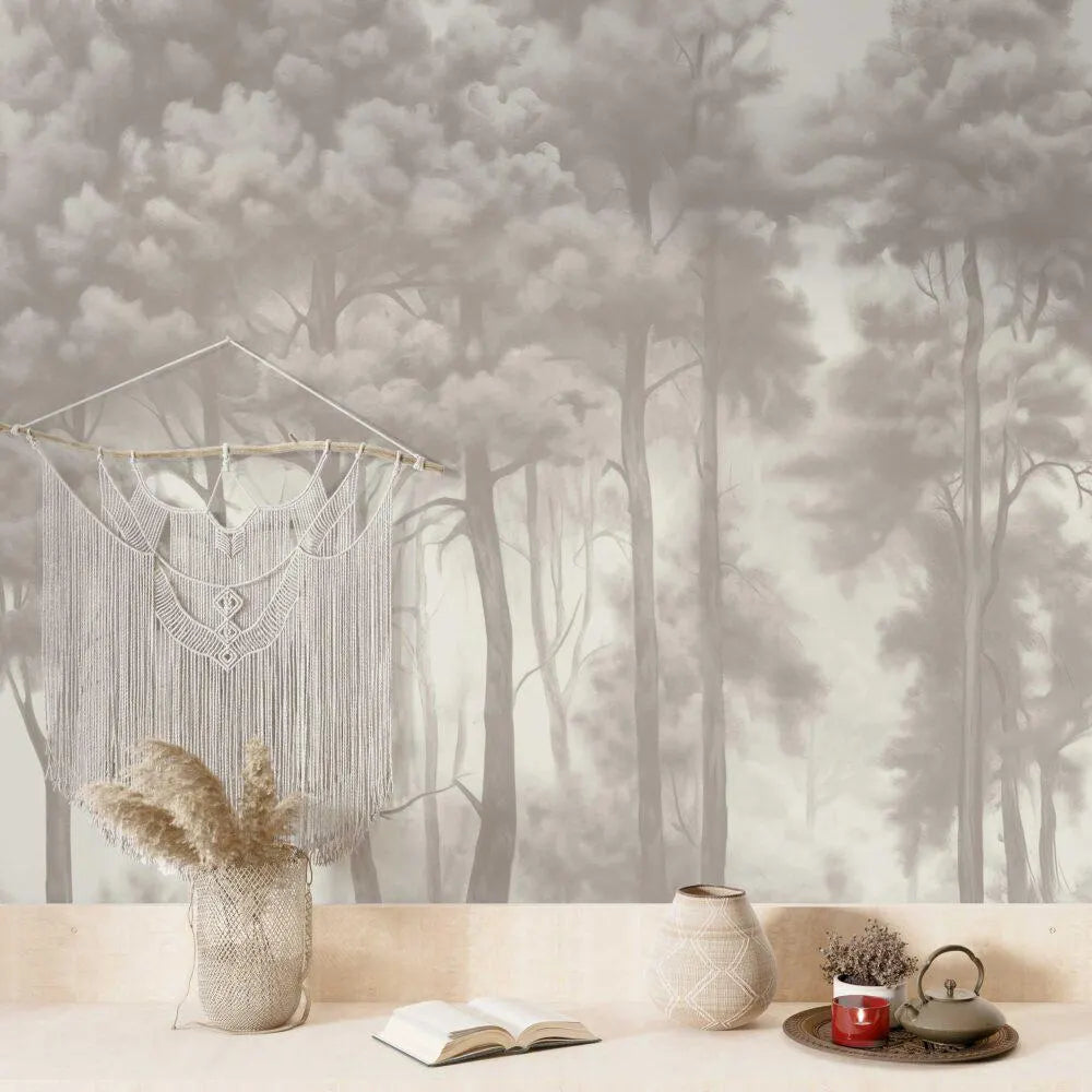Watercolor Forest Wallpaper: Grey Monochrome Trees, Peel and Stick Mural