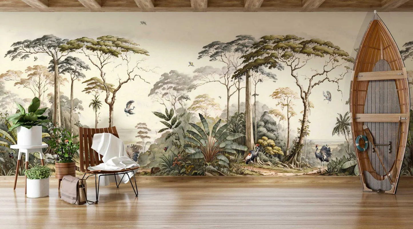 Chinoiserie Crane Birds Wallpaper: Elegant Trees Mural