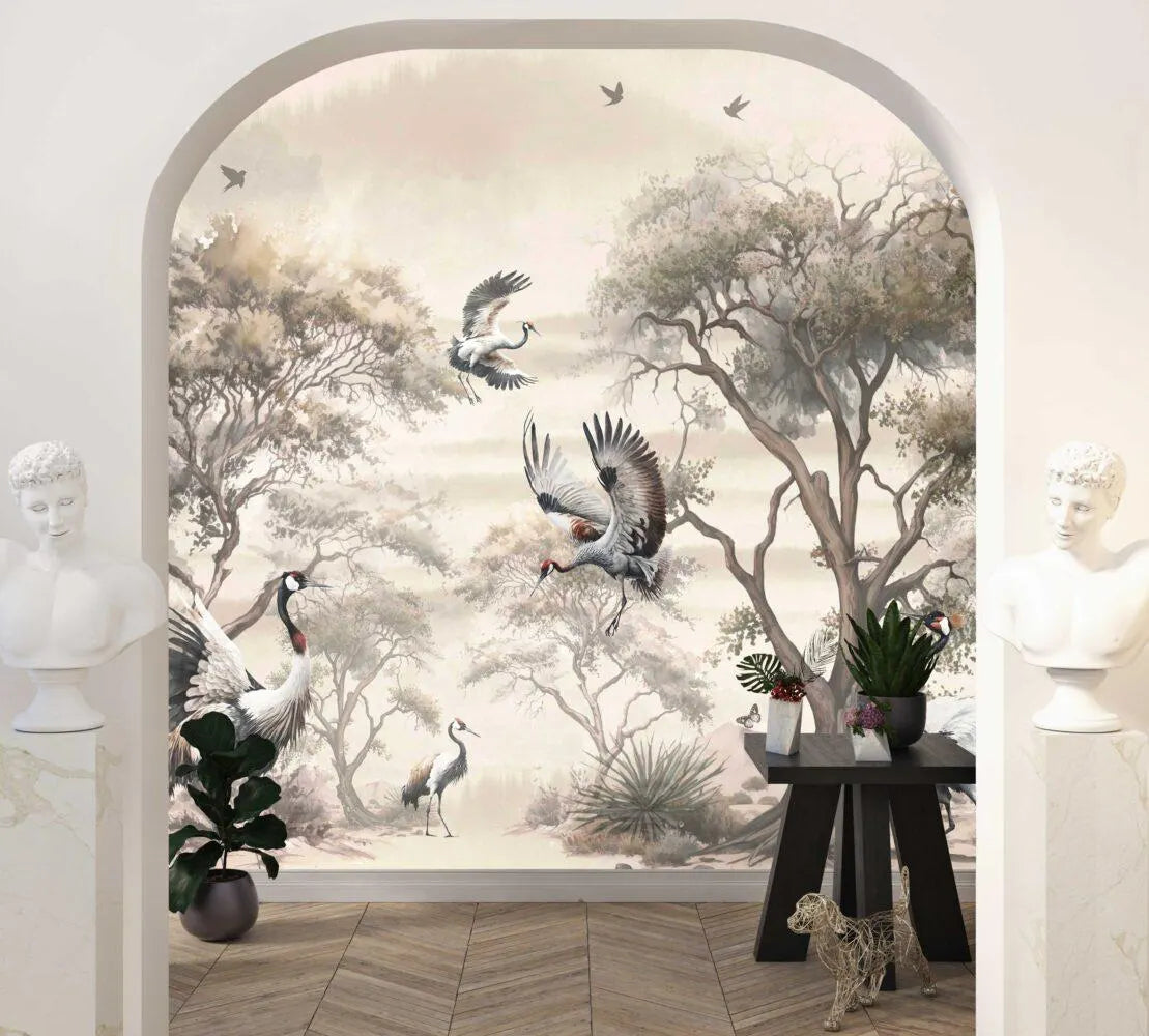Watercolor Chinoiserie Wallpaper: Tropical Forest, Cranes, Grey Removable Wall Mural