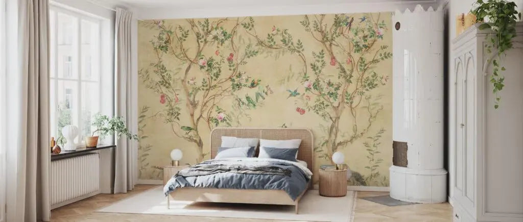 Vintage Gold Chinoiserie Wallpaper: Birds & Botanical Peel and Stick Mural