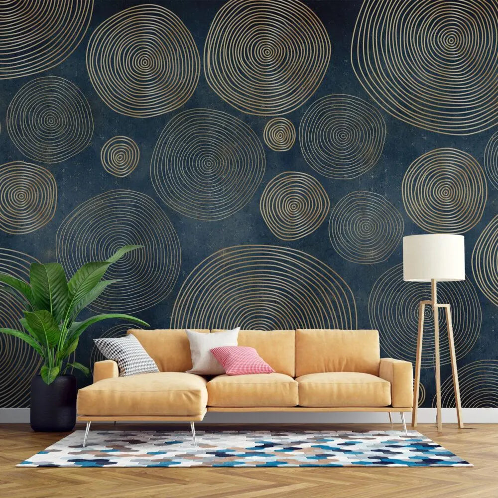 Gold Geometric Circles Wallpaper: Modern Blue Abstract Pattern
