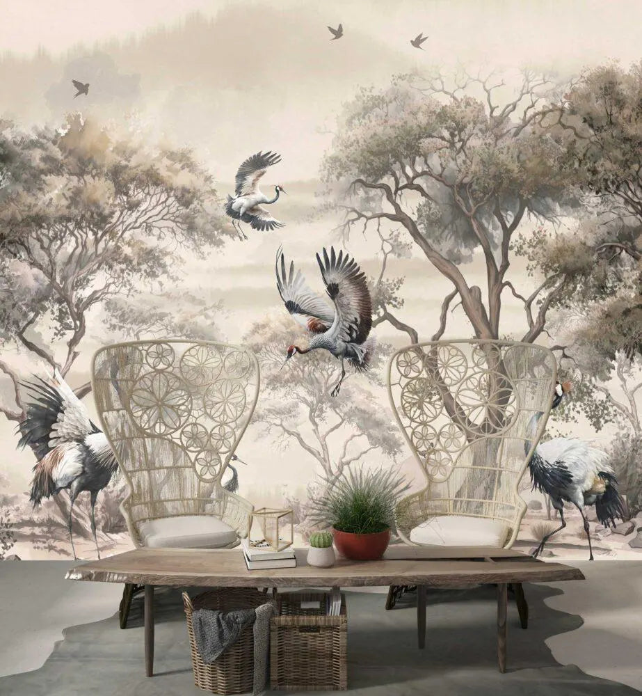 Watercolor Chinoiserie Wallpaper: Tropical Forest, Cranes, Grey Removable Wall Mural