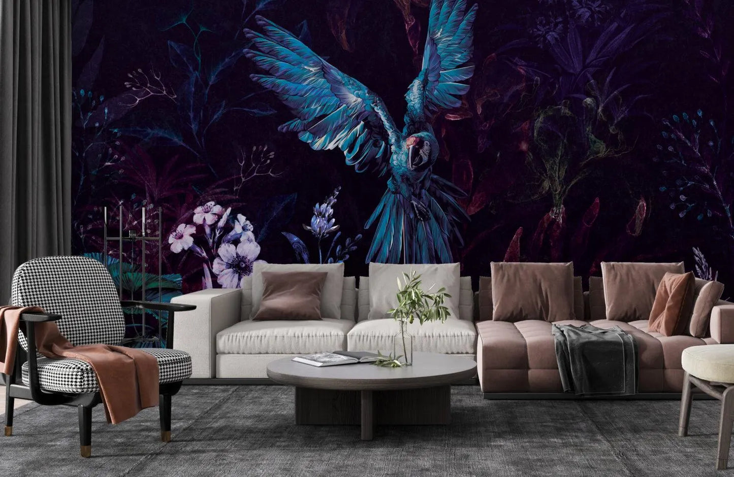Tropical Parrot Wallpaper: Dark Floral Peel and Stick Wallpaper